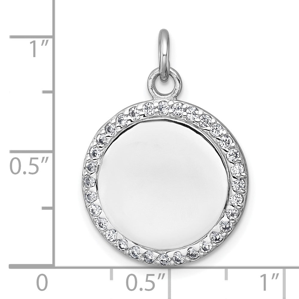 Sterling Silver Rhodium-plated Polished CZ Engraveable Circle Pendant