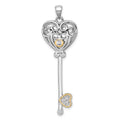 Sterling Silver RH-pl w/14k Accent Polished CZ Fancy Heart Key Pendant