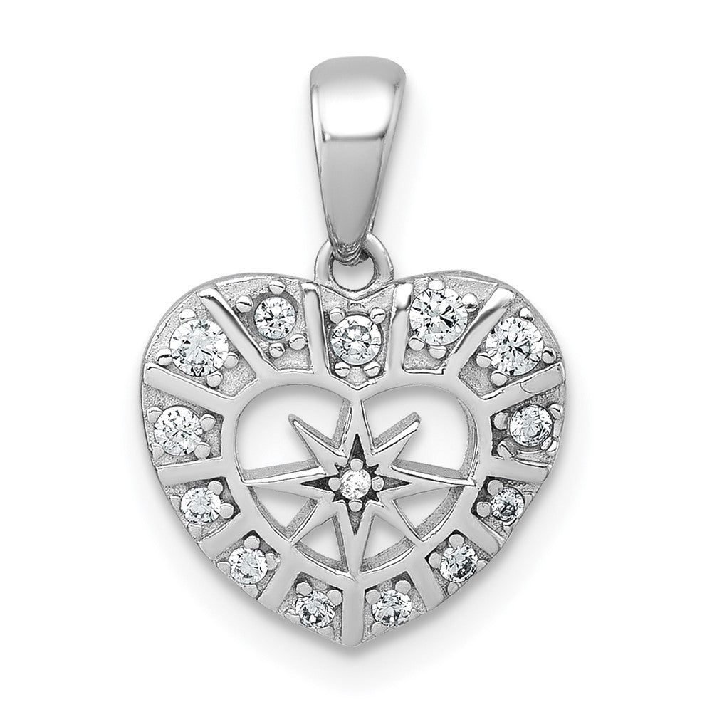 Sterling Silver Rhodium-plated Polished CZ Star Heart Pendant