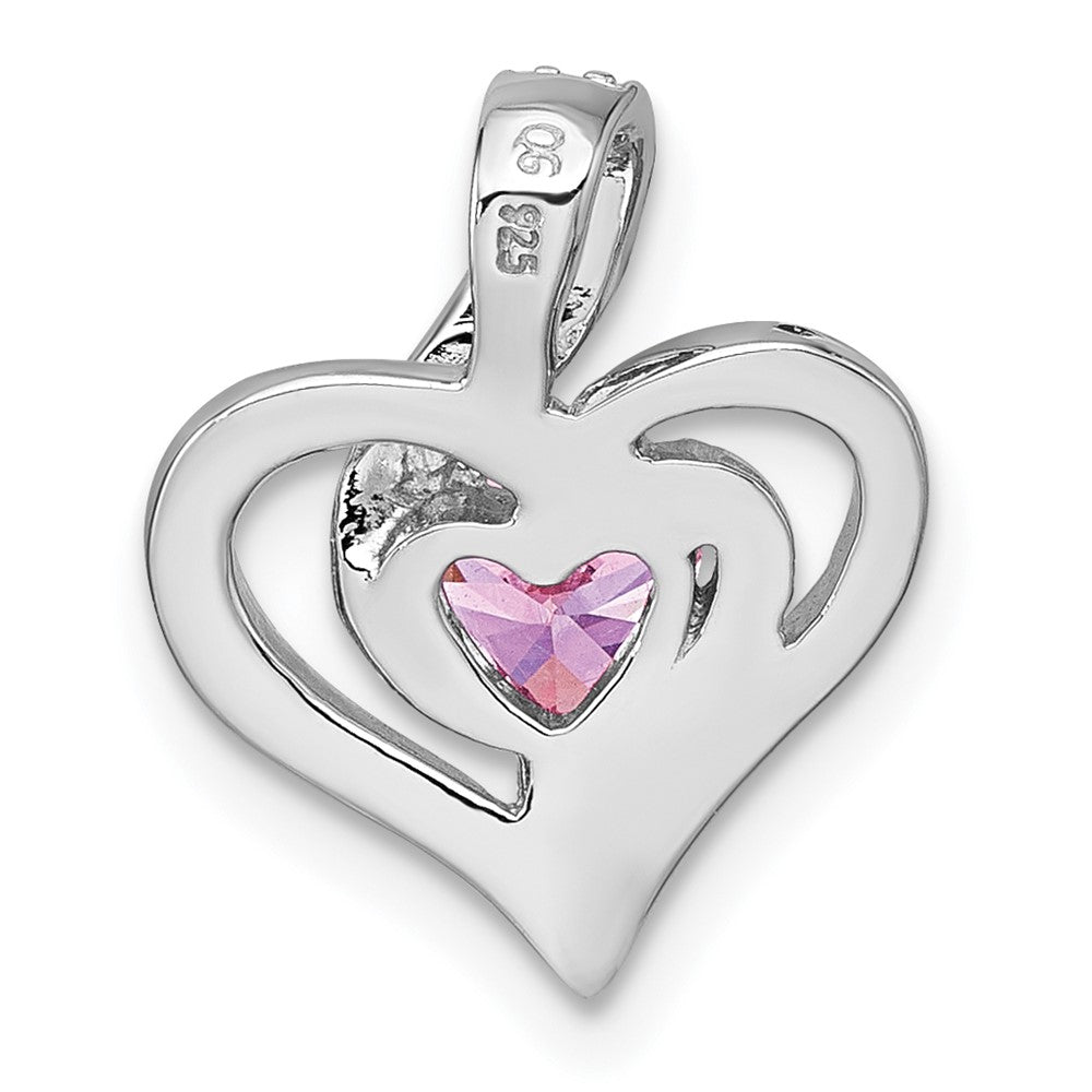 Sterling Silver RH-plated Polished Pink/White CZ Heart Chain Slide Pendant