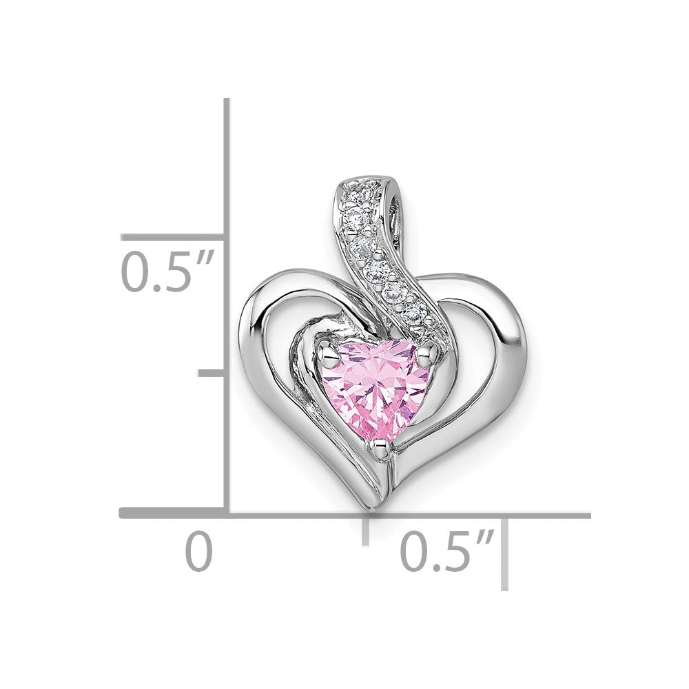 Sterling Silver RH-plated Polished Pink/White CZ Heart Chain Slide Pendant