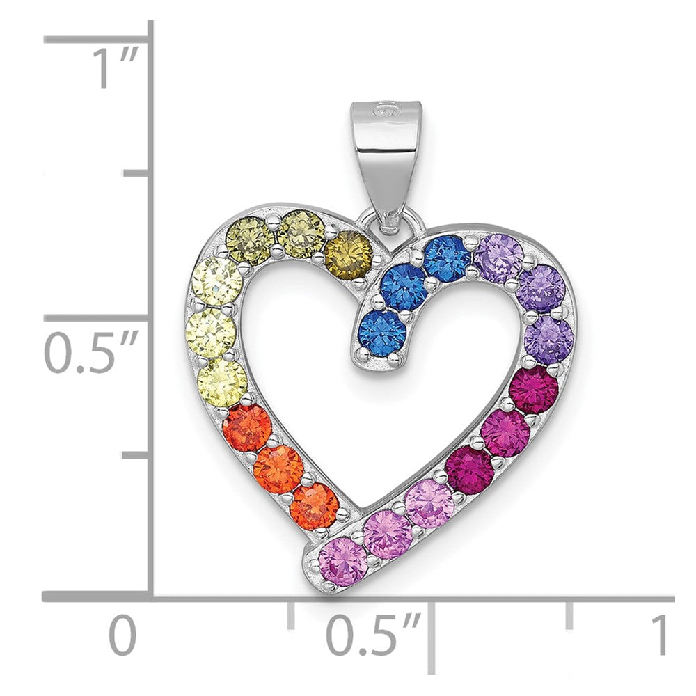 Sterling Silver RH-plated Polished Multicolor CZ Open Heart Pendant