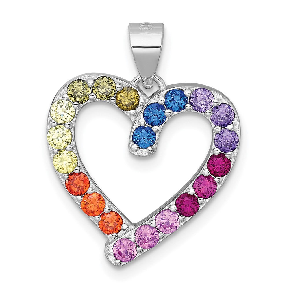 Sterling Silver RH-plated Polished Multicolor CZ Open Heart Pendant