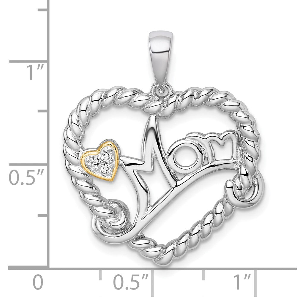 Sterling Silver RH-pl w/14k Accent Polished CZ Mom Rope Heart Pendant