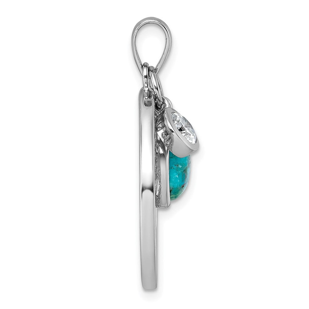 Sterling Silver RH-plat CZ / Reconstructed Turquoise Tree of Life Pendant