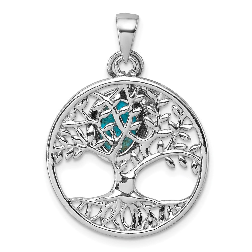Sterling Silver RH-plat CZ / Reconstructed Turquoise Tree of Life Pendant