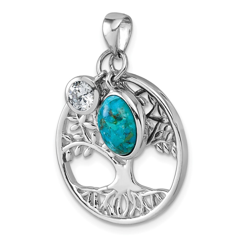 Sterling Silver RH-plat CZ / Reconstructed Turquoise Tree of Life Pendant