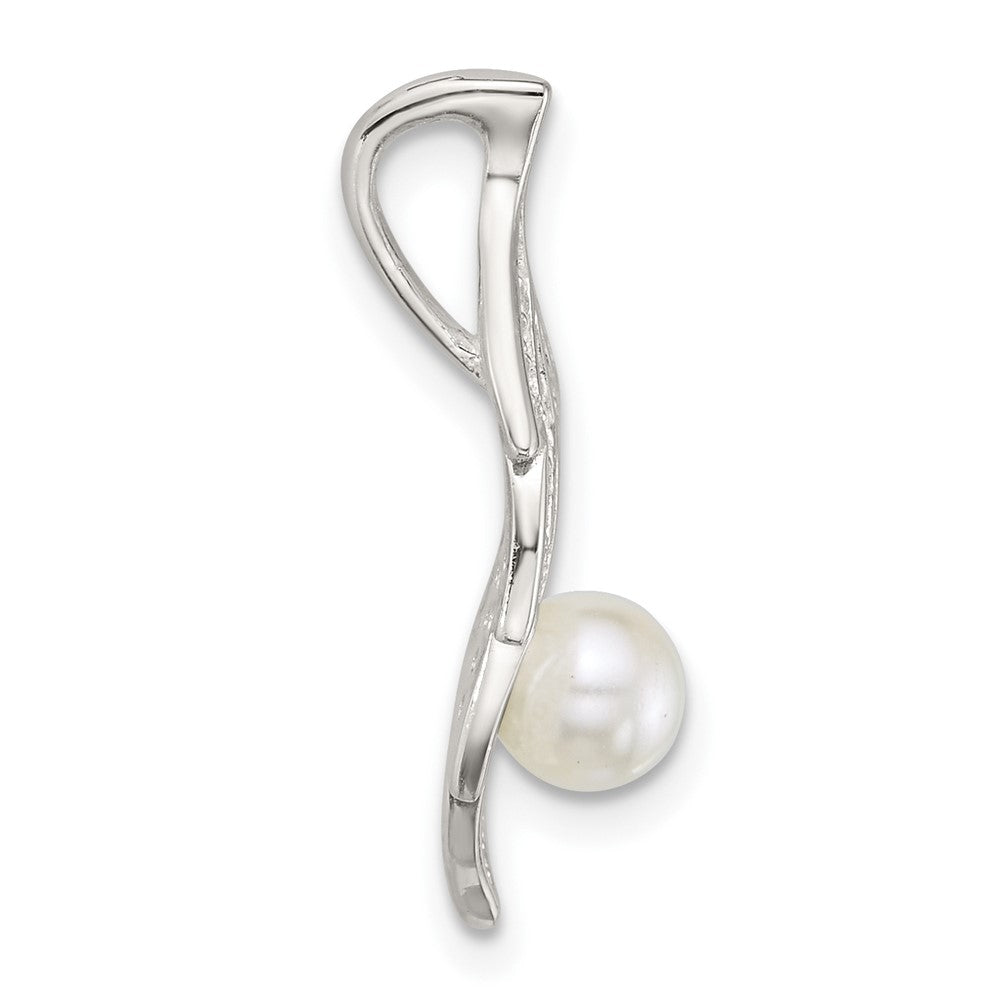 Sterling Silver Polished CZ and Acrylic Pearl Leaf Chain Slide Pendant
