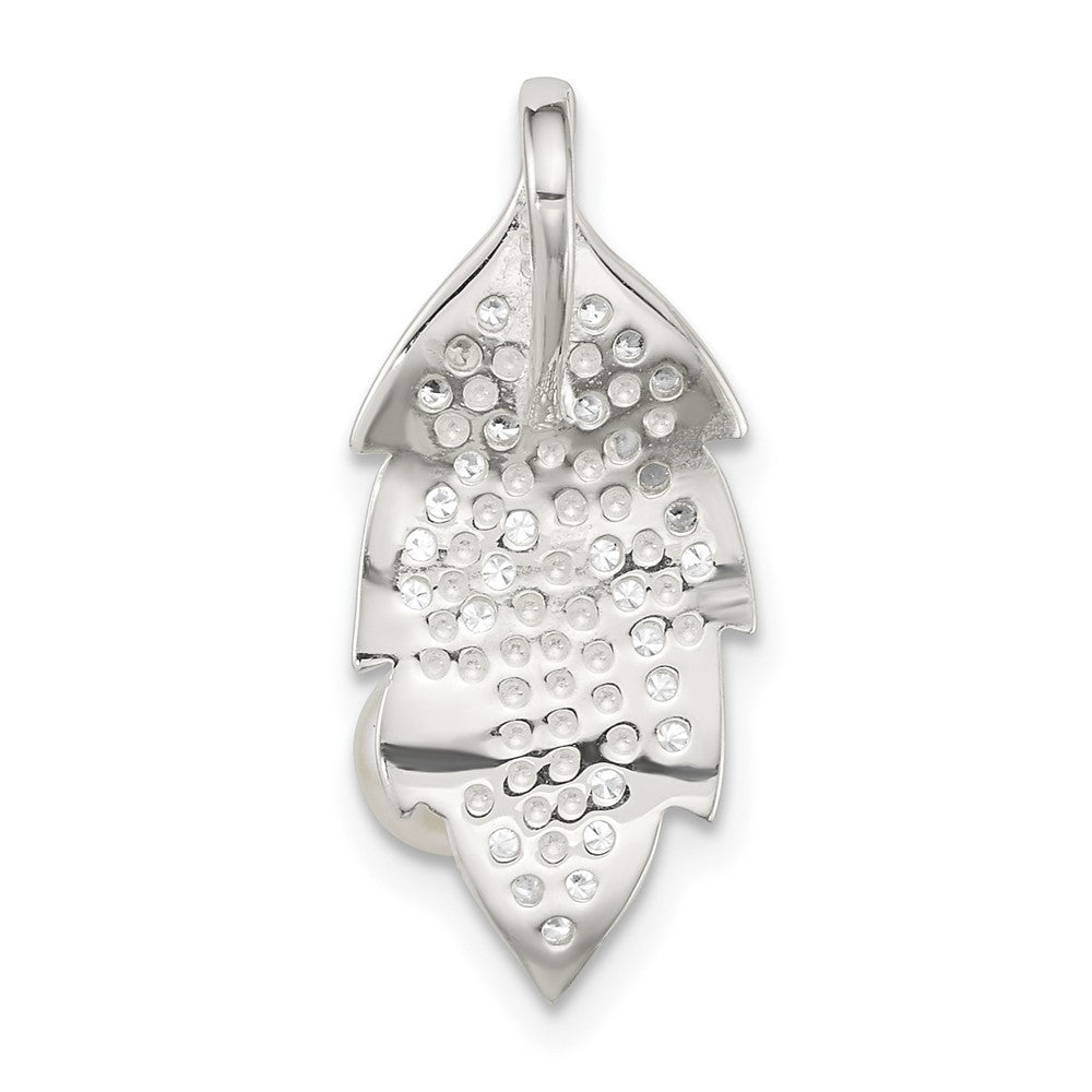 Sterling Silver Polished CZ and Acrylic Pearl Leaf Chain Slide Pendant