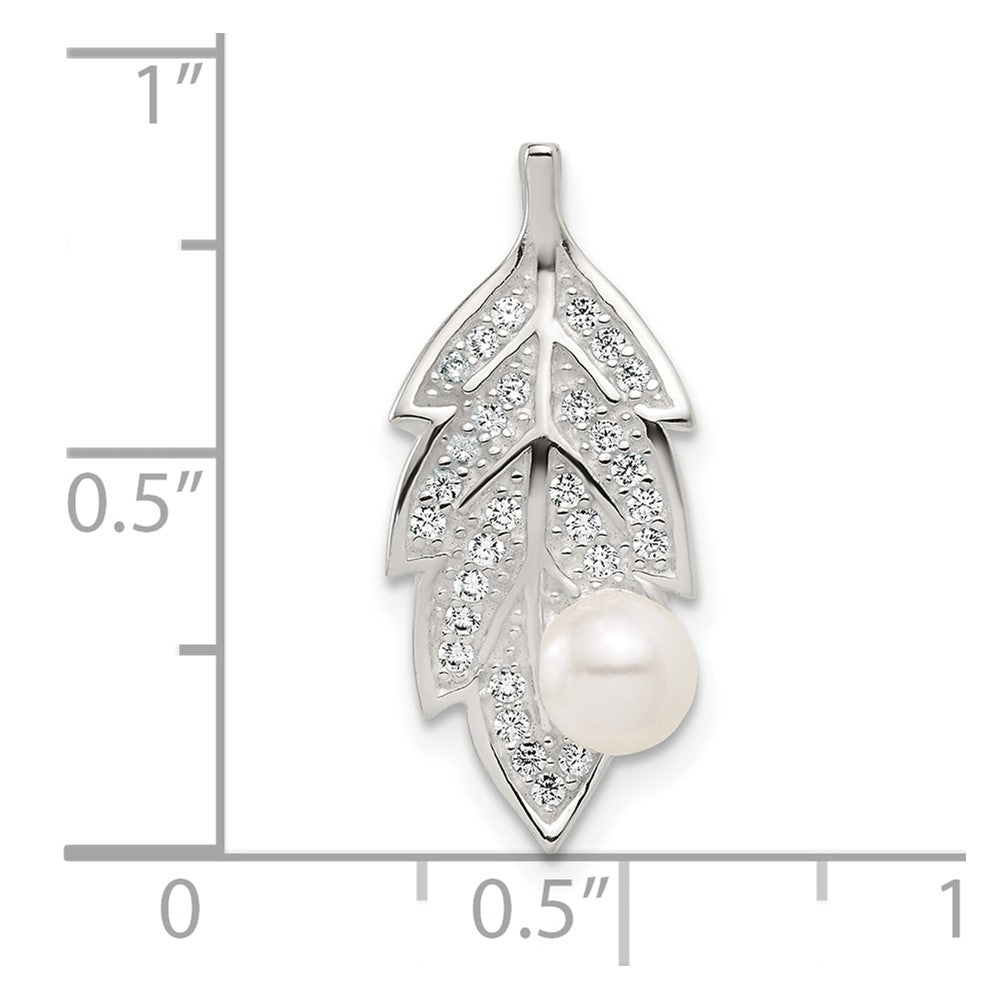 Sterling Silver Polished CZ and Acrylic Pearl Leaf Chain Slide Pendant