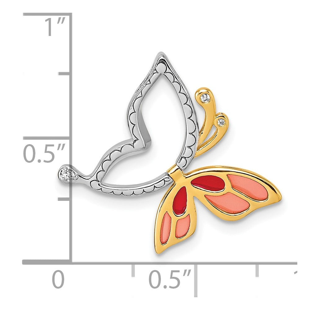 SS Rh-plt Gold-tone Enamel CZ Moveable Butterfly Chain Slide Pendant