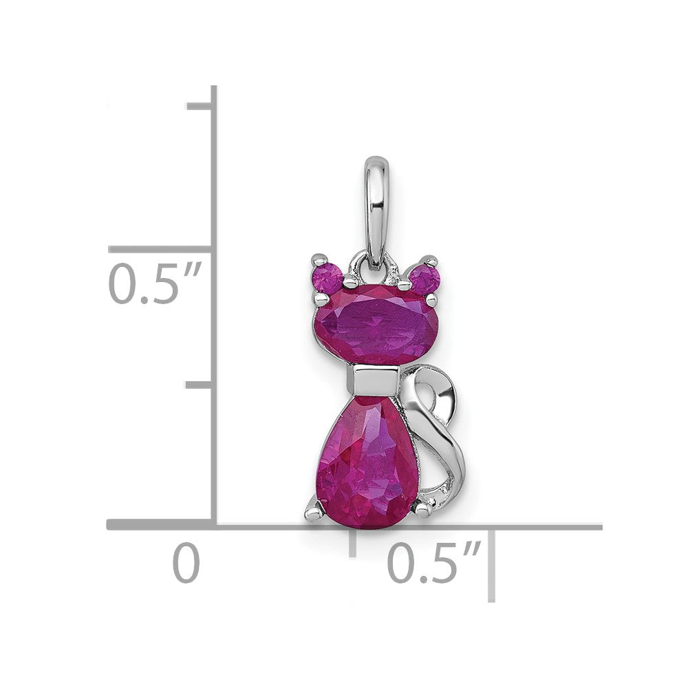 Sterling Silver Rhodium-plated Ruby Corundum Cat Pendant