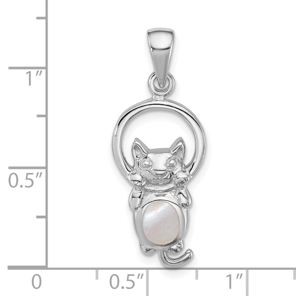 Sterling Silver Rhodium-plated Polished MOP Hanging Cat Pendant