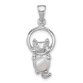 Sterling Silver Rhodium-plated Polished MOP Hanging Cat Pendant