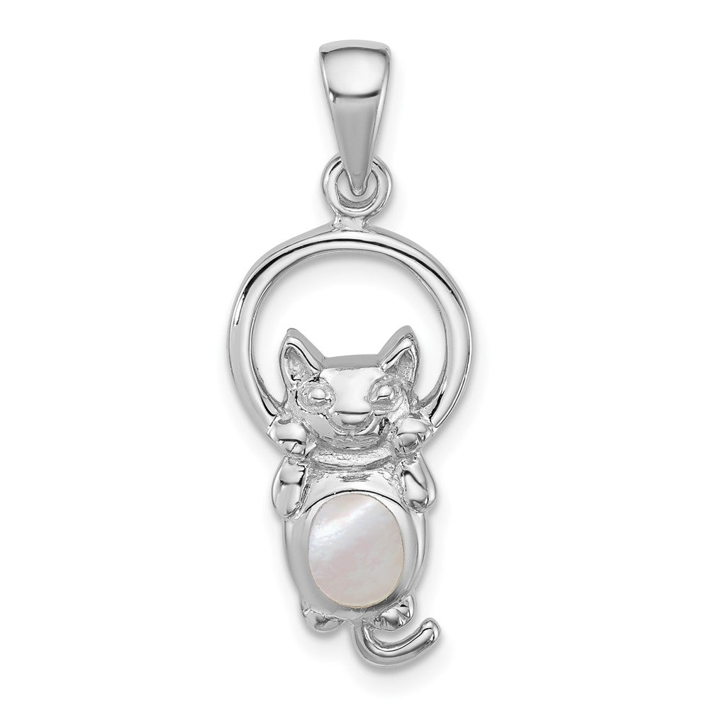 Sterling Silver Rhodium-plated Polished MOP Hanging Cat Pendant