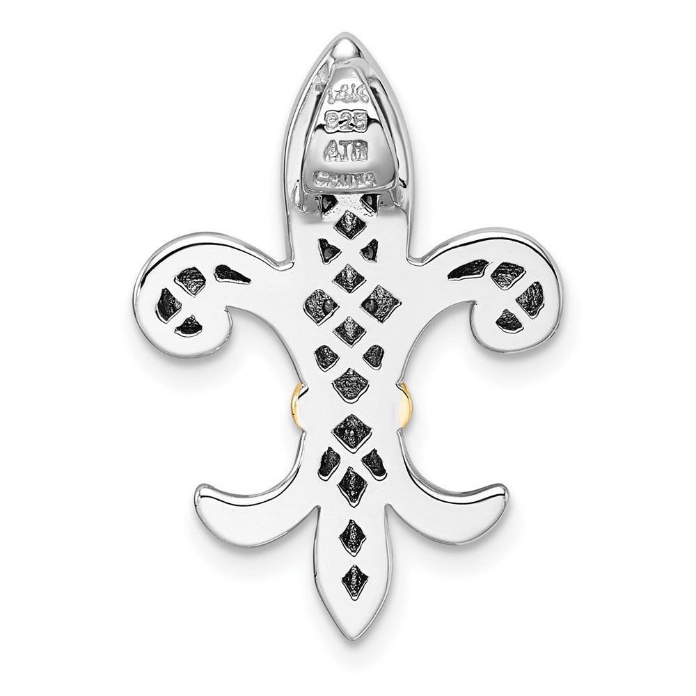Sterling Silver RH-pl w/14k Accent CZ Fleur De Lis Chain Slide Pendant