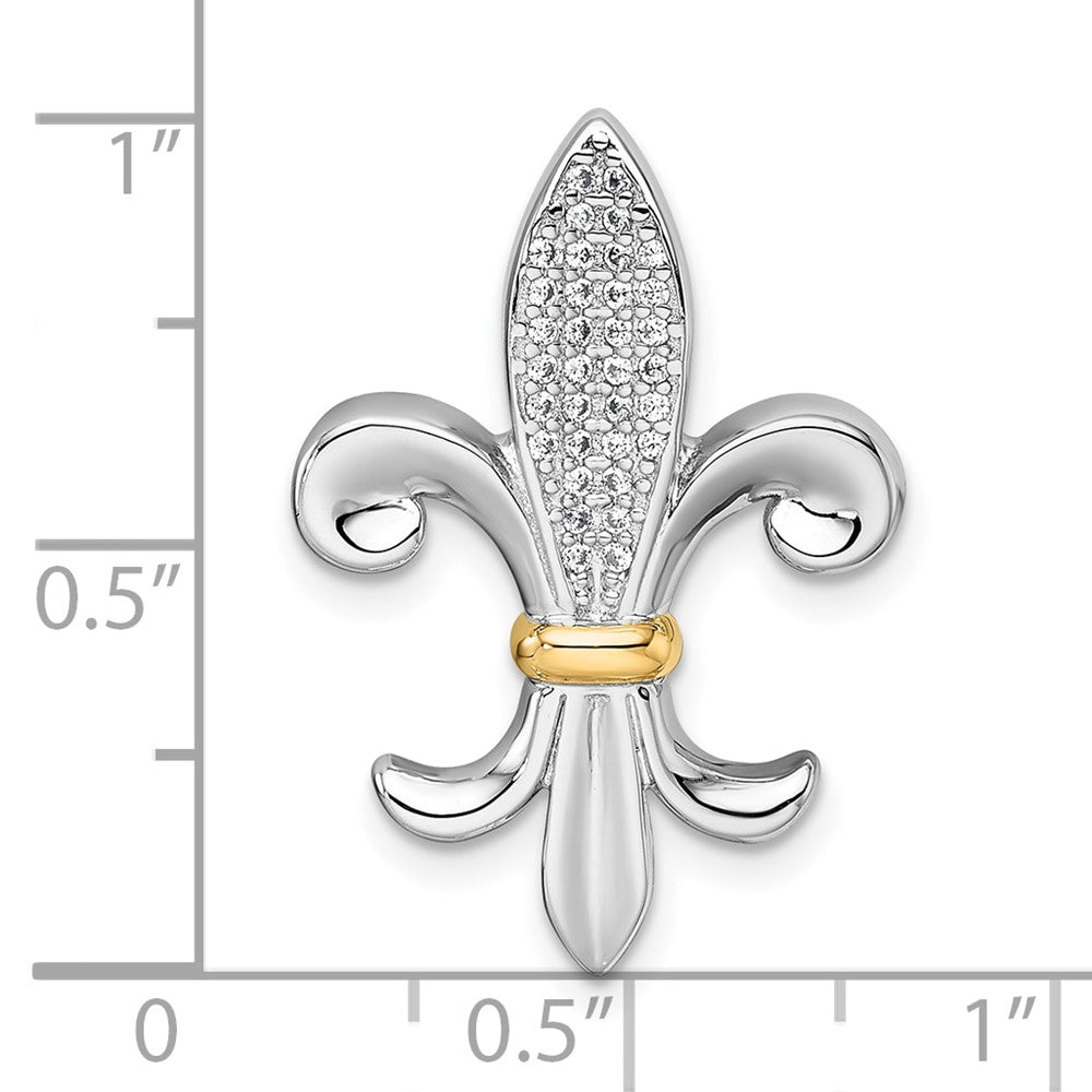 Sterling Silver RH-pl w/14k Accent CZ Fleur De Lis Chain Slide Pendant