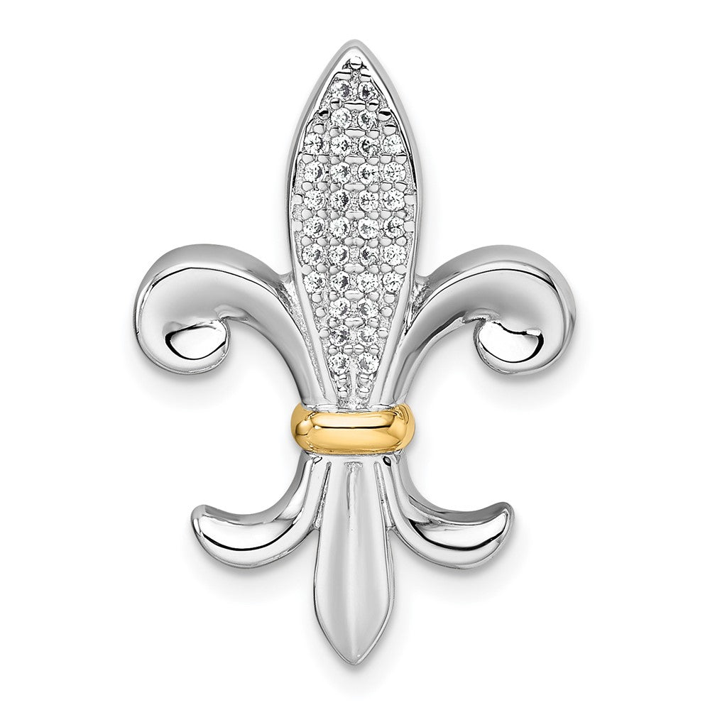 Sterling Silver RH-pl w/14k Accent CZ Fleur De Lis Chain Slide Pendant