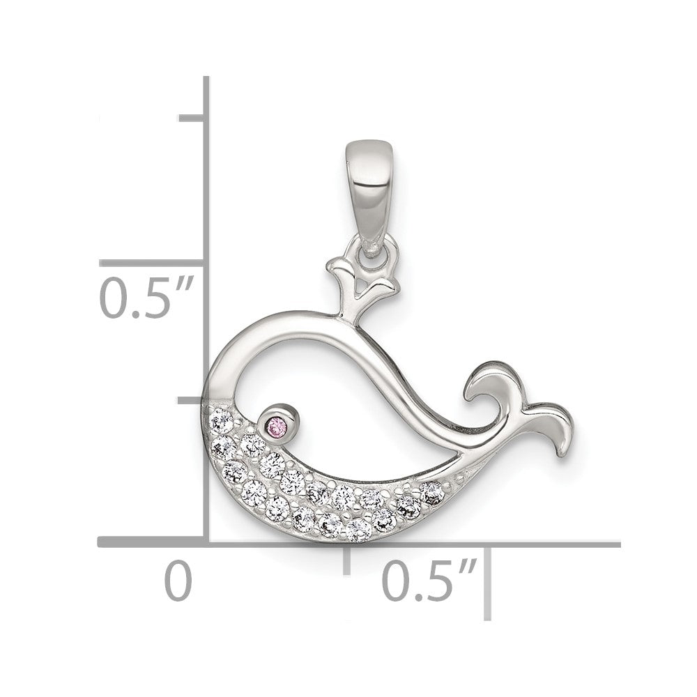 Sterling Silver Polished Pink and White CZ Whale Pendant