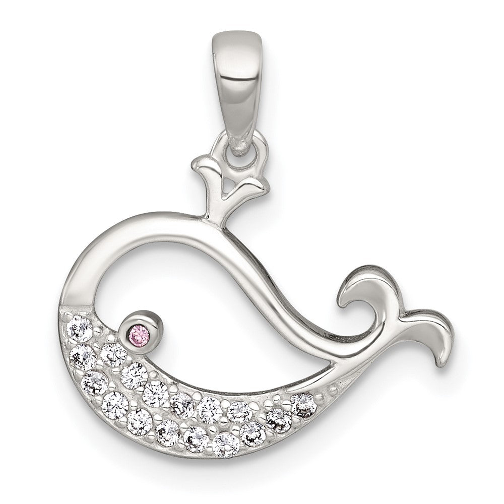 Sterling Silver Polished Pink and White CZ Whale Pendant