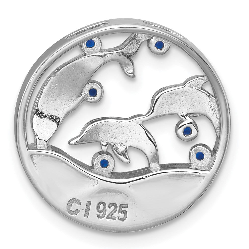 Sterling Silver RH-plated Larimar and Blue CZ Dolphins Chain Slide Pendant
