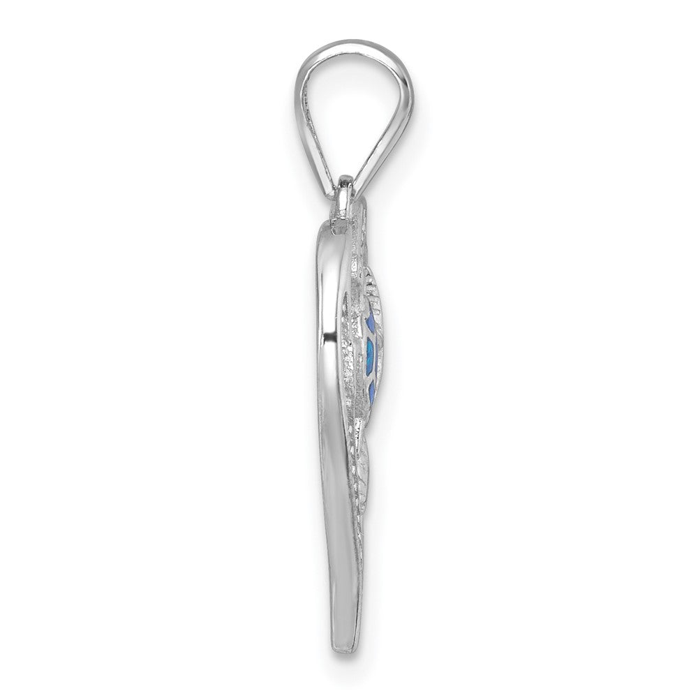 Sterling Silver RH-plat Textured Blue Created Opal CZ Sealife Heart Pendant