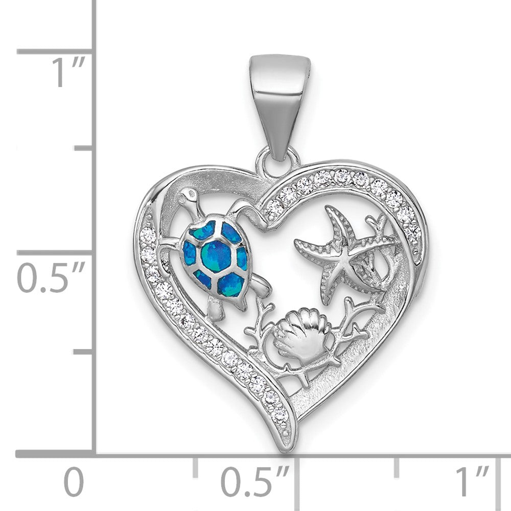Sterling Silver RH-plat Textured Blue Created Opal CZ Sealife Heart Pendant
