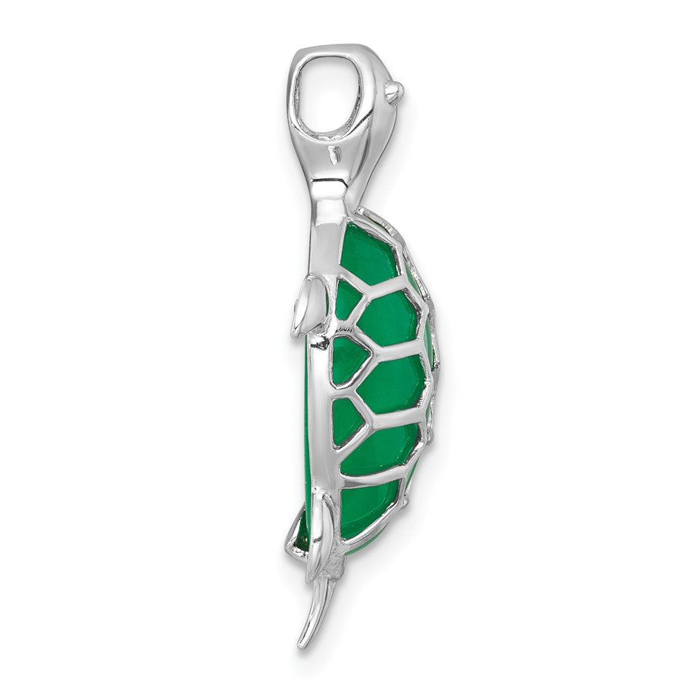 Sterling Silver Rh-plt Polished Dyed Jade Quartz Turtle Chain Slide Pendant