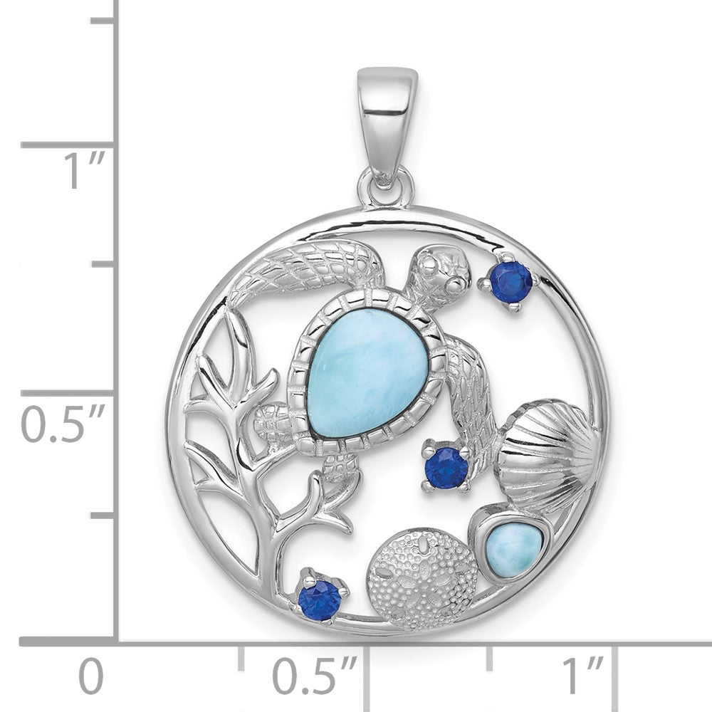 Sterling Silver RH-plated Polished Larimar and Blue CZ Sealife Pendant