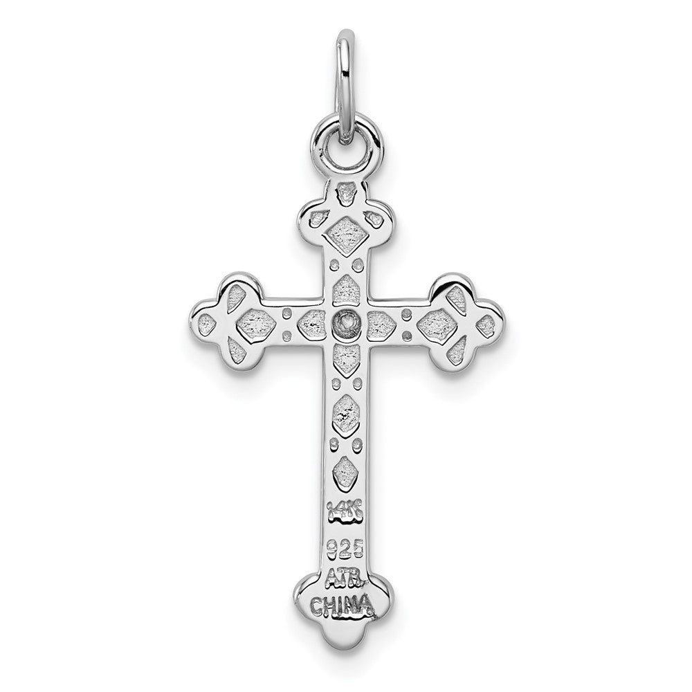 Sterling Silver RH-pl w/14k Accent Polished CZ Budded Cross Pendant