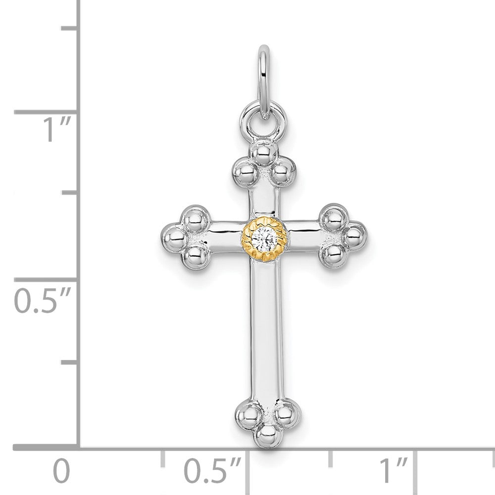 Sterling Silver RH-pl w/14k Accent Polished CZ Budded Cross Pendant
