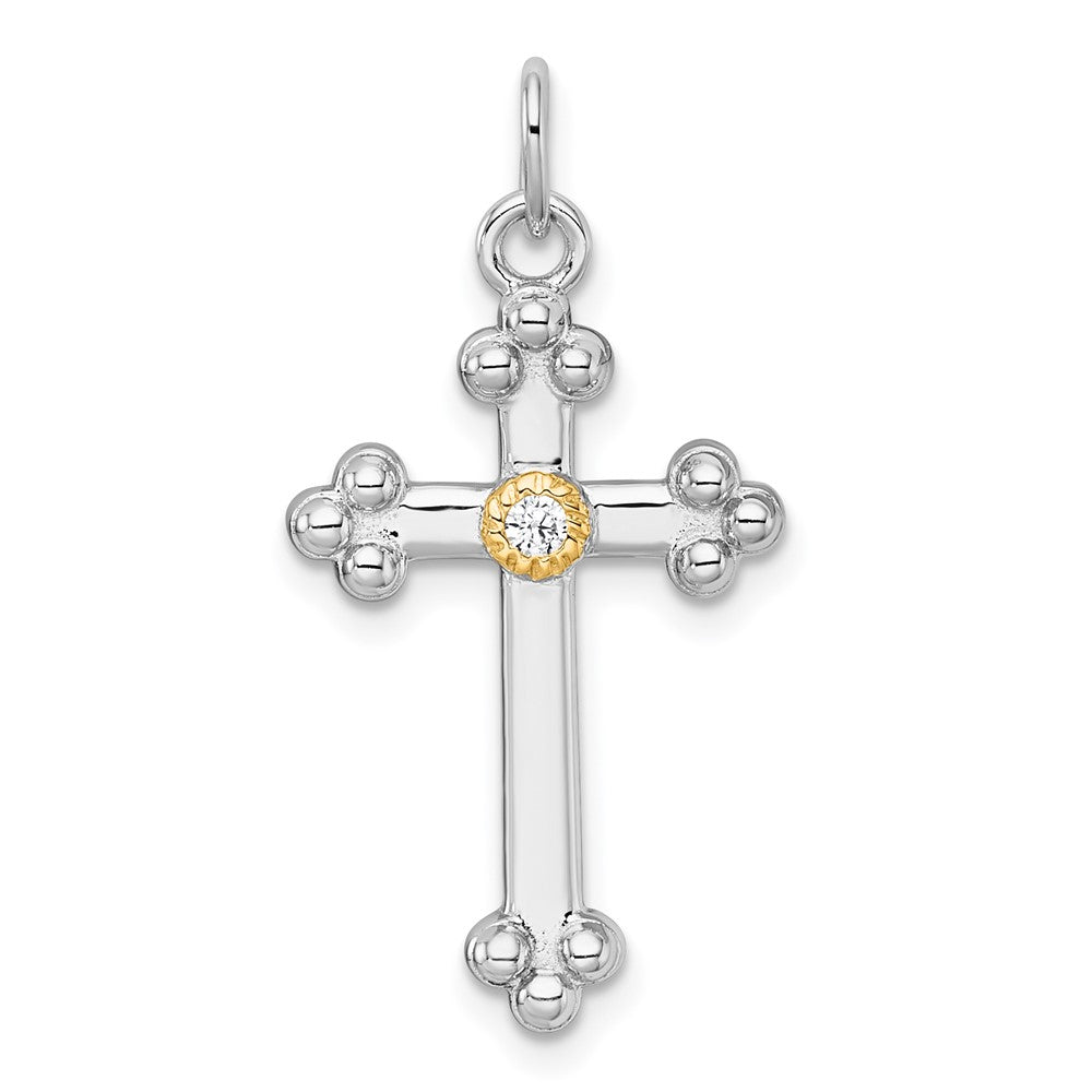 Sterling Silver RH-pl w/14k Accent Polished CZ Budded Cross Pendant