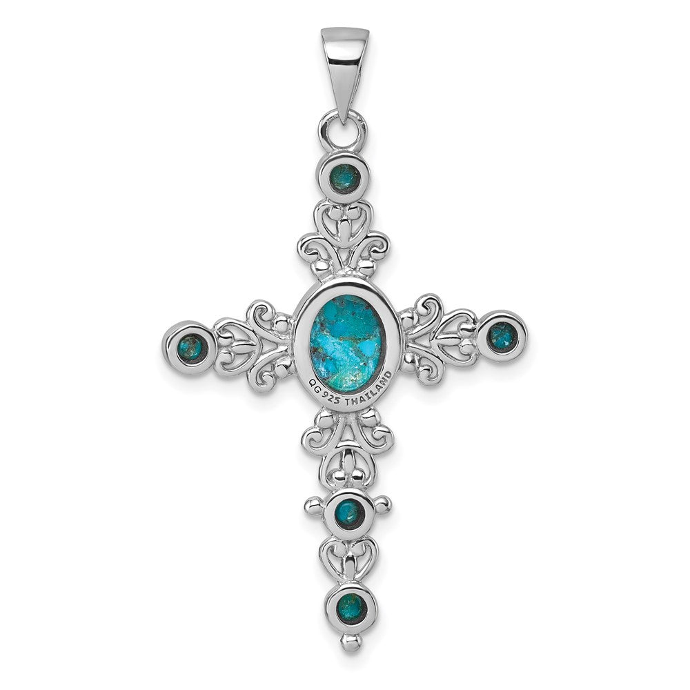 Sterling Silver RH-plated Compressed Turquoise Fancy Cross Pendant