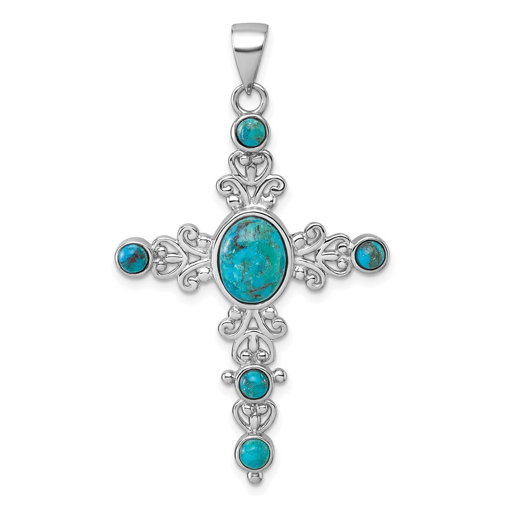 Sterling Silver RH-plated Compressed Turquoise Fancy Cross Pendant