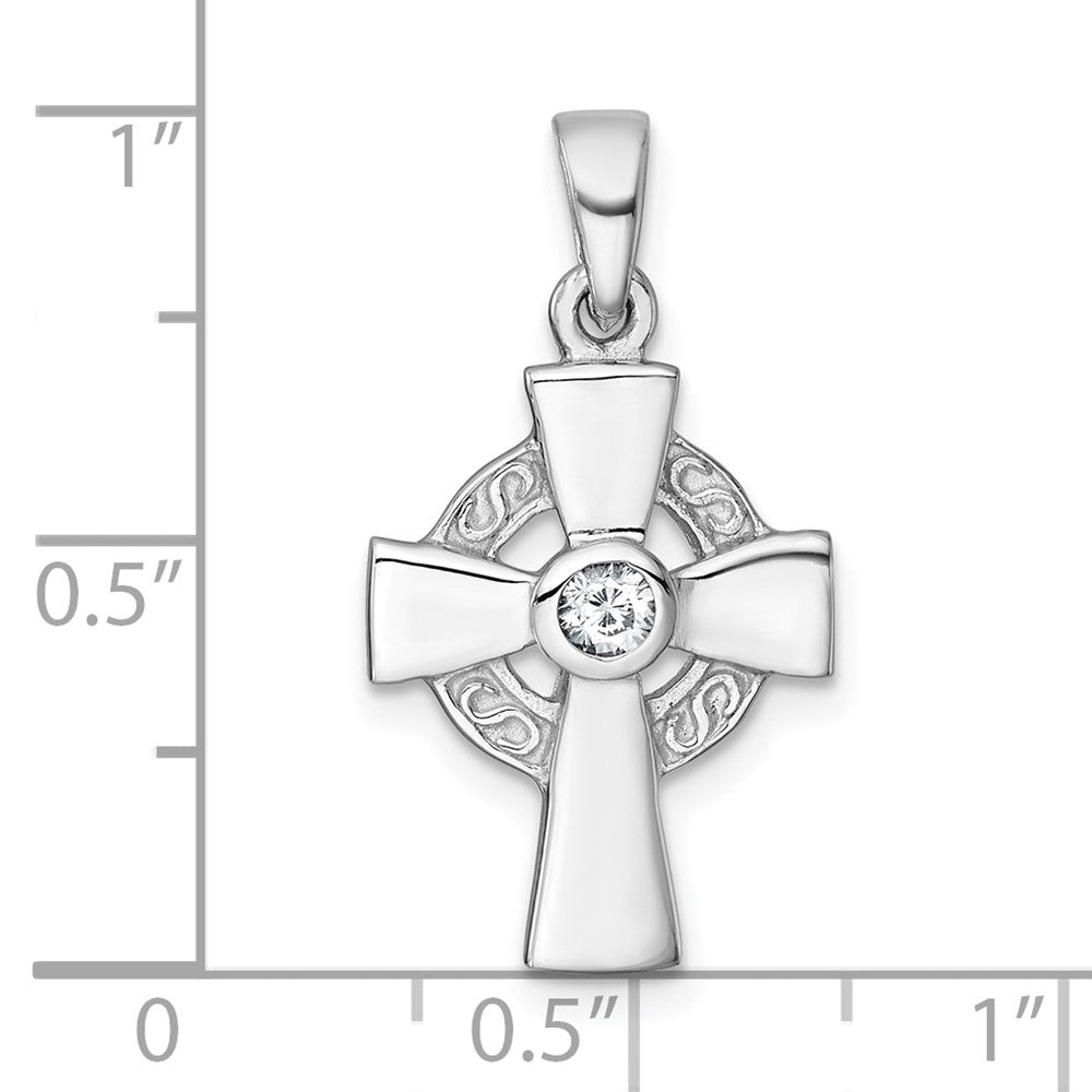 Sterling Silver Rhodium-plated Polished CZ Celtic Cross Pendant