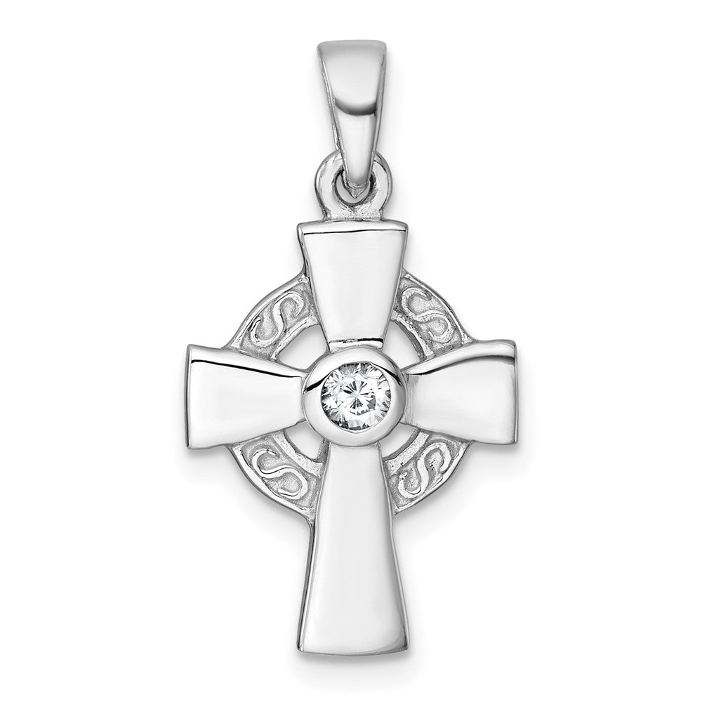 Sterling Silver Rhodium-plated Polished CZ Celtic Cross Pendant