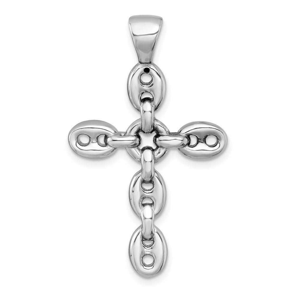 Sterling Silver RH-plated Polished Puffed Mariner/Anchor Link Cross Pendant