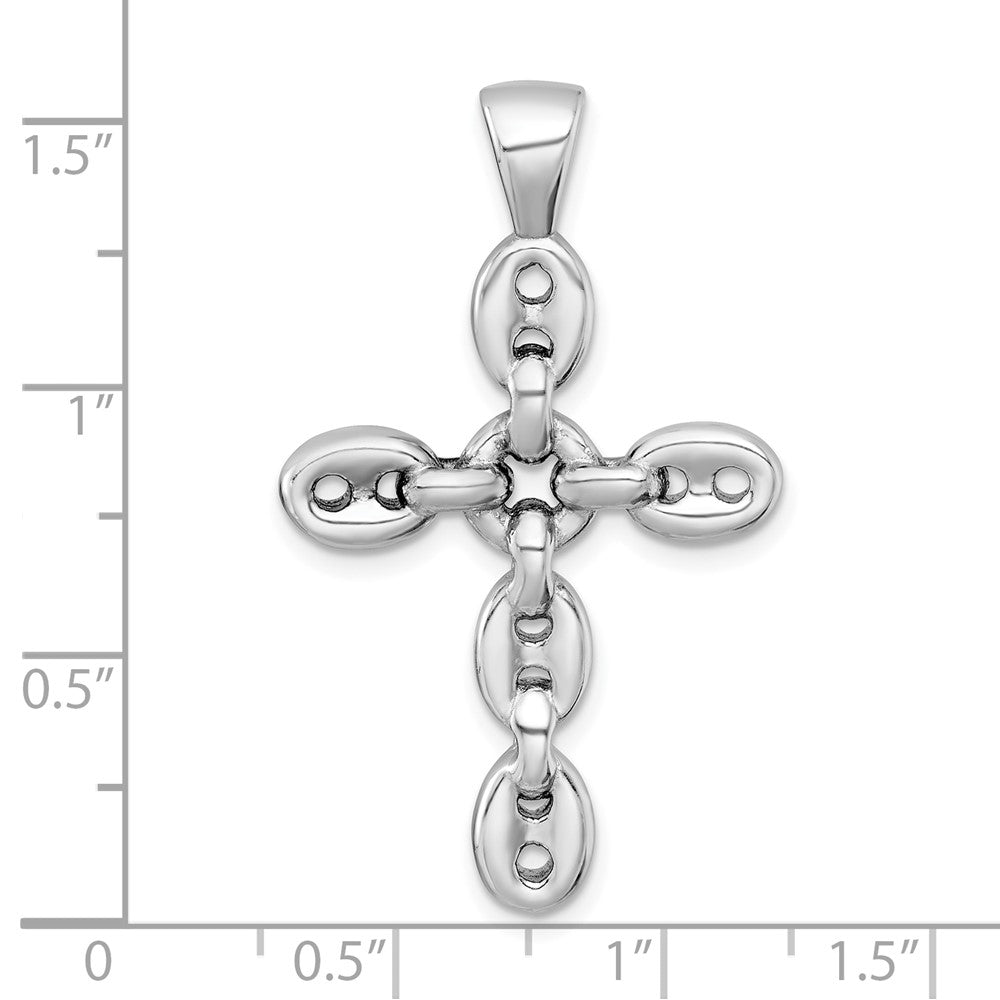 Sterling Silver RH-plated Polished Puffed Mariner/Anchor Link Cross Pendant