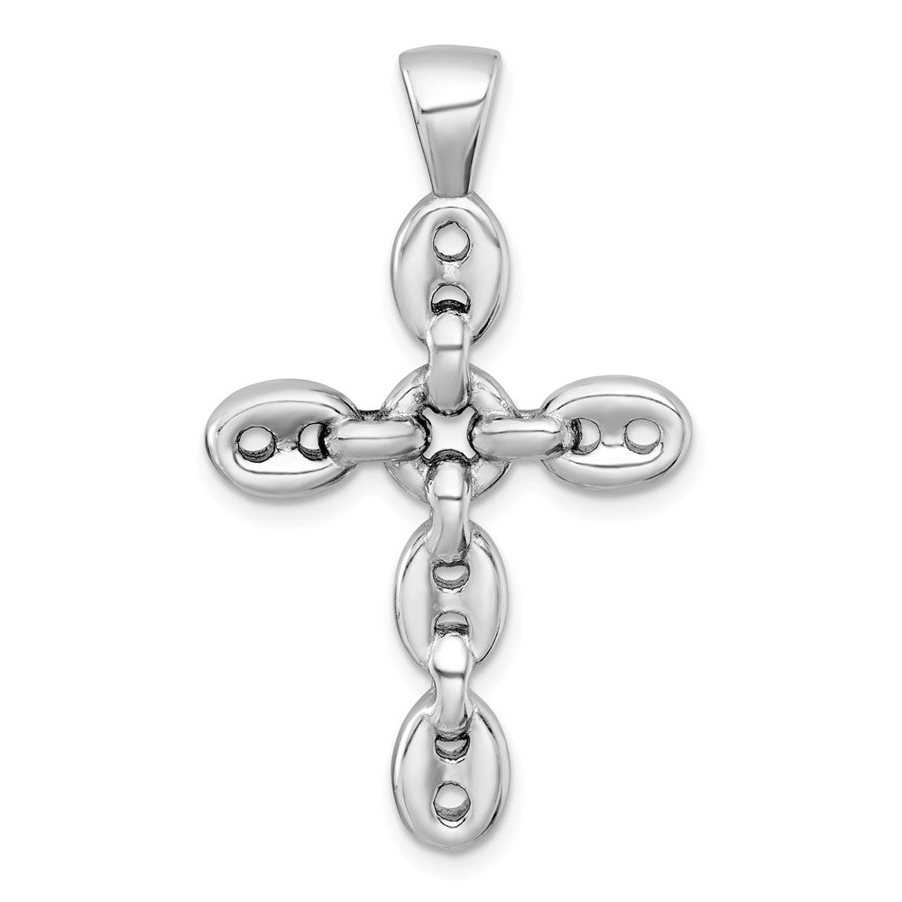 Sterling Silver RH-plated Polished Puffed Mariner/Anchor Link Cross Pendant