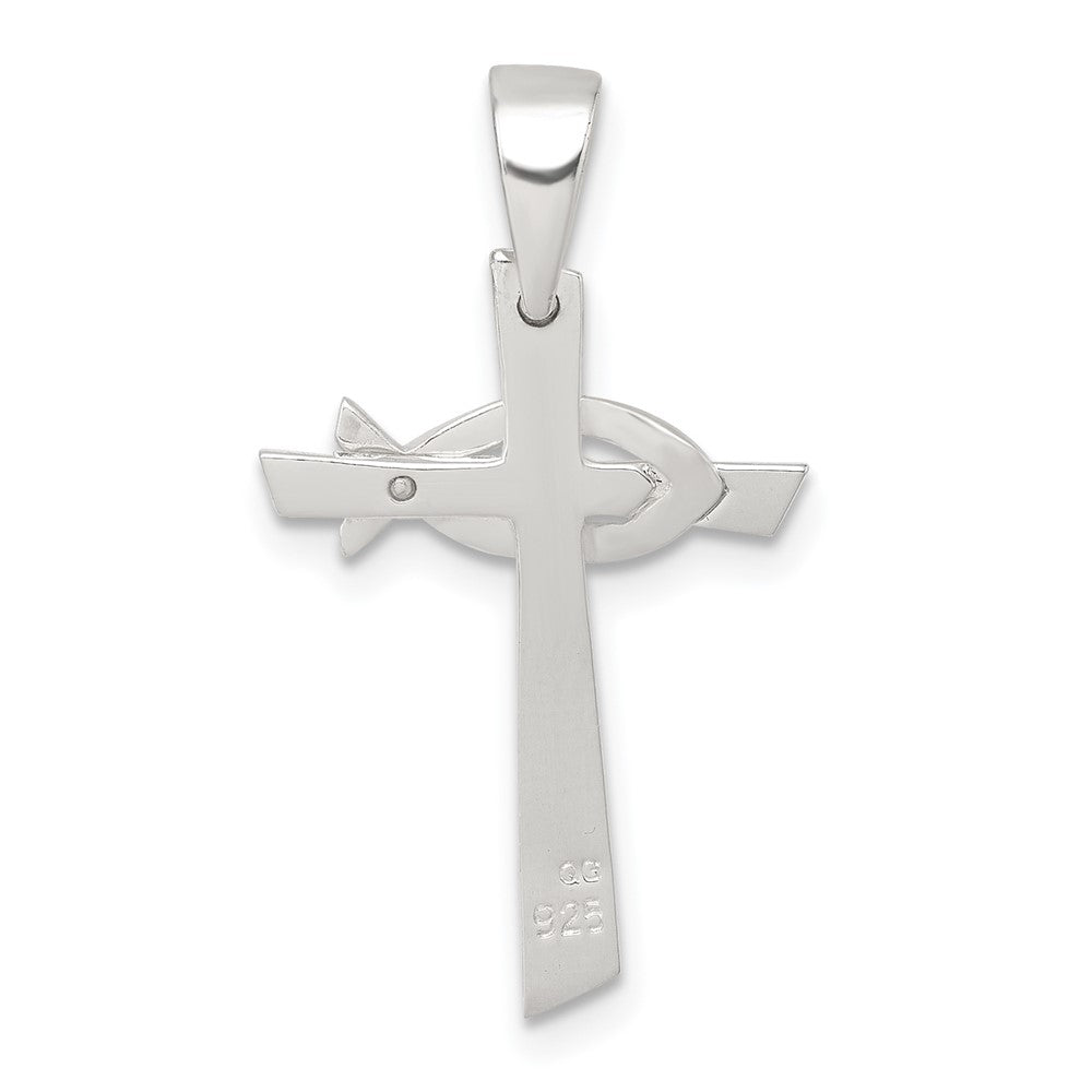 Sterling Silver Polished Cross with Brushed Ichthus Fish Pendant