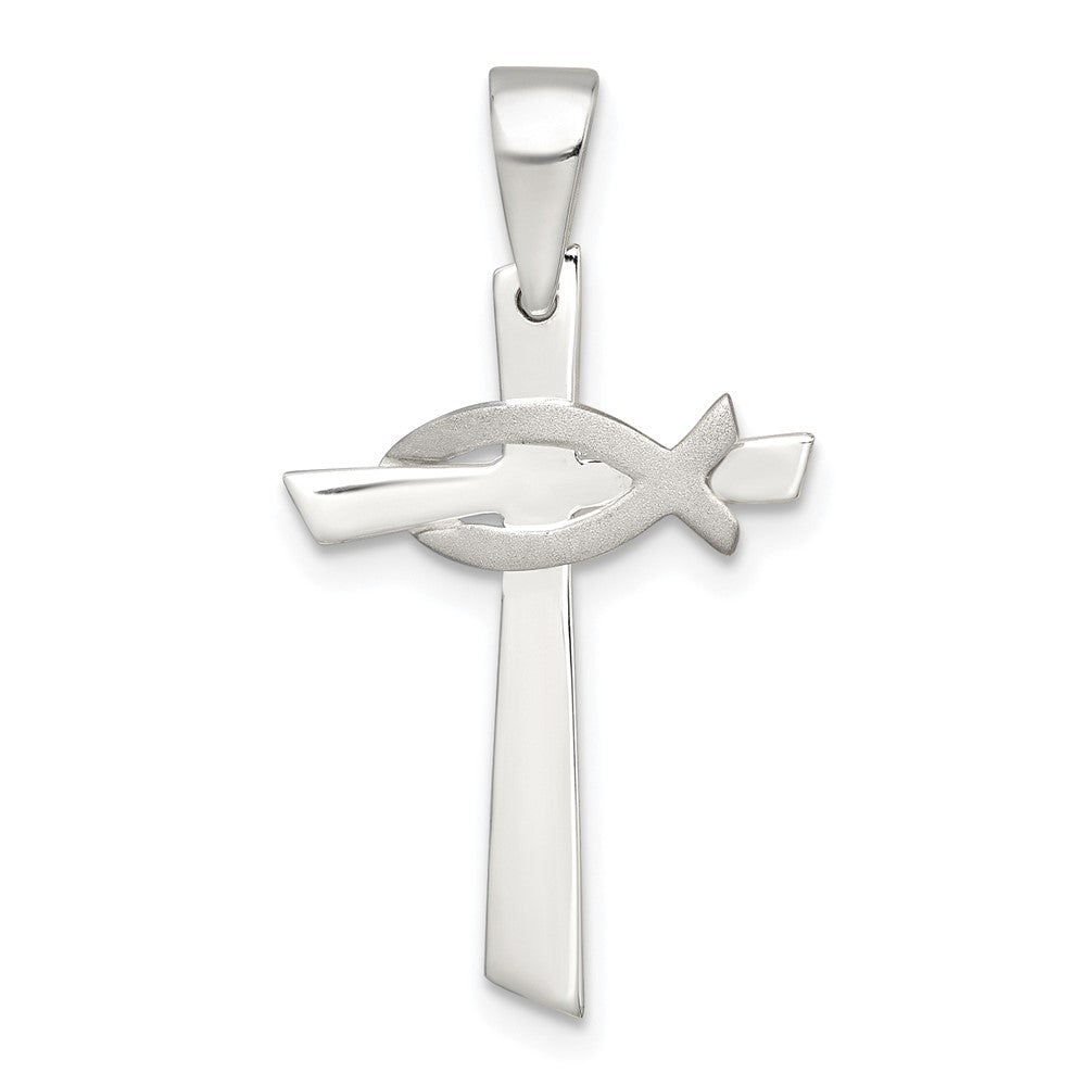 Sterling Silver Polished Cross with Brushed Ichthus Fish Pendant