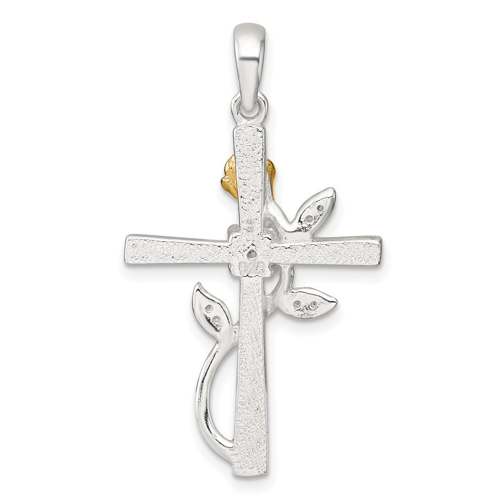 Sterling Silver Gold-tone CZ Cross with Rose Pendant