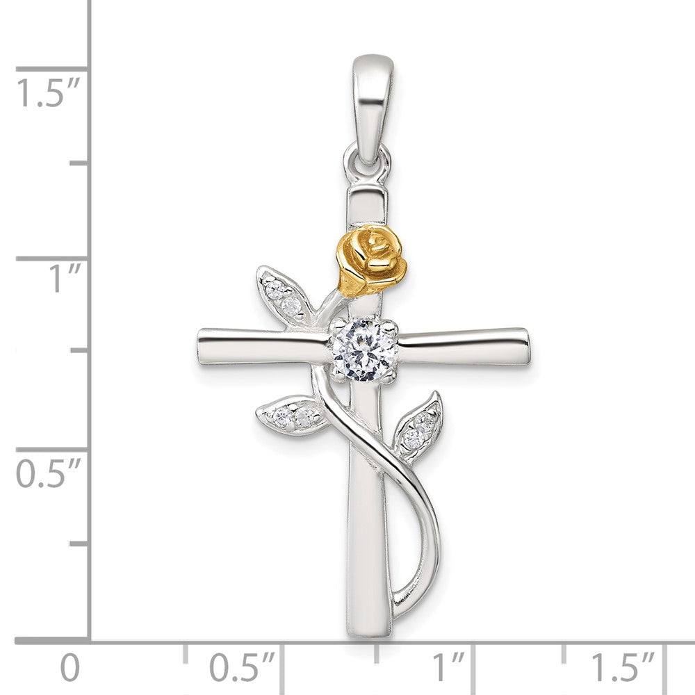 Sterling Silver Gold-tone CZ Cross with Rose Pendant