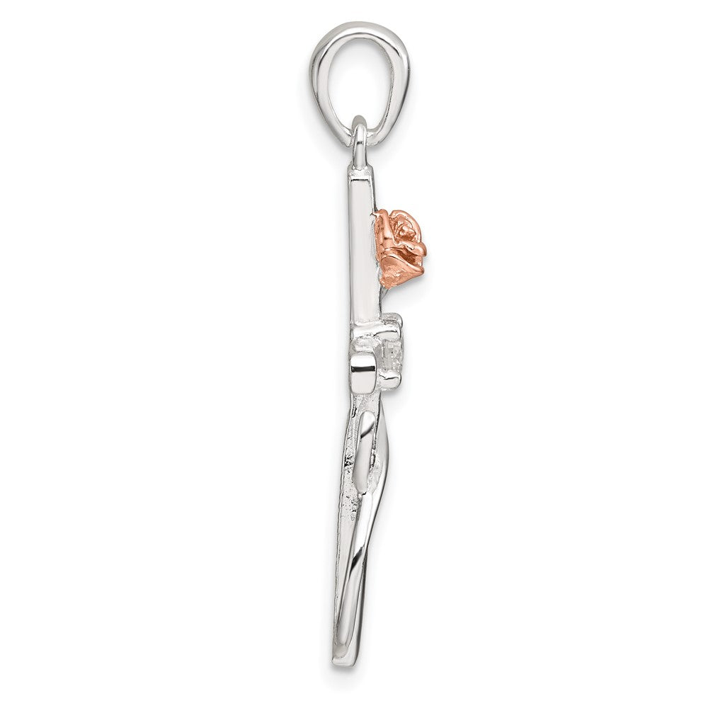 Sterling Silver Rose Gold-plated CZ Cross with Rose Pendant