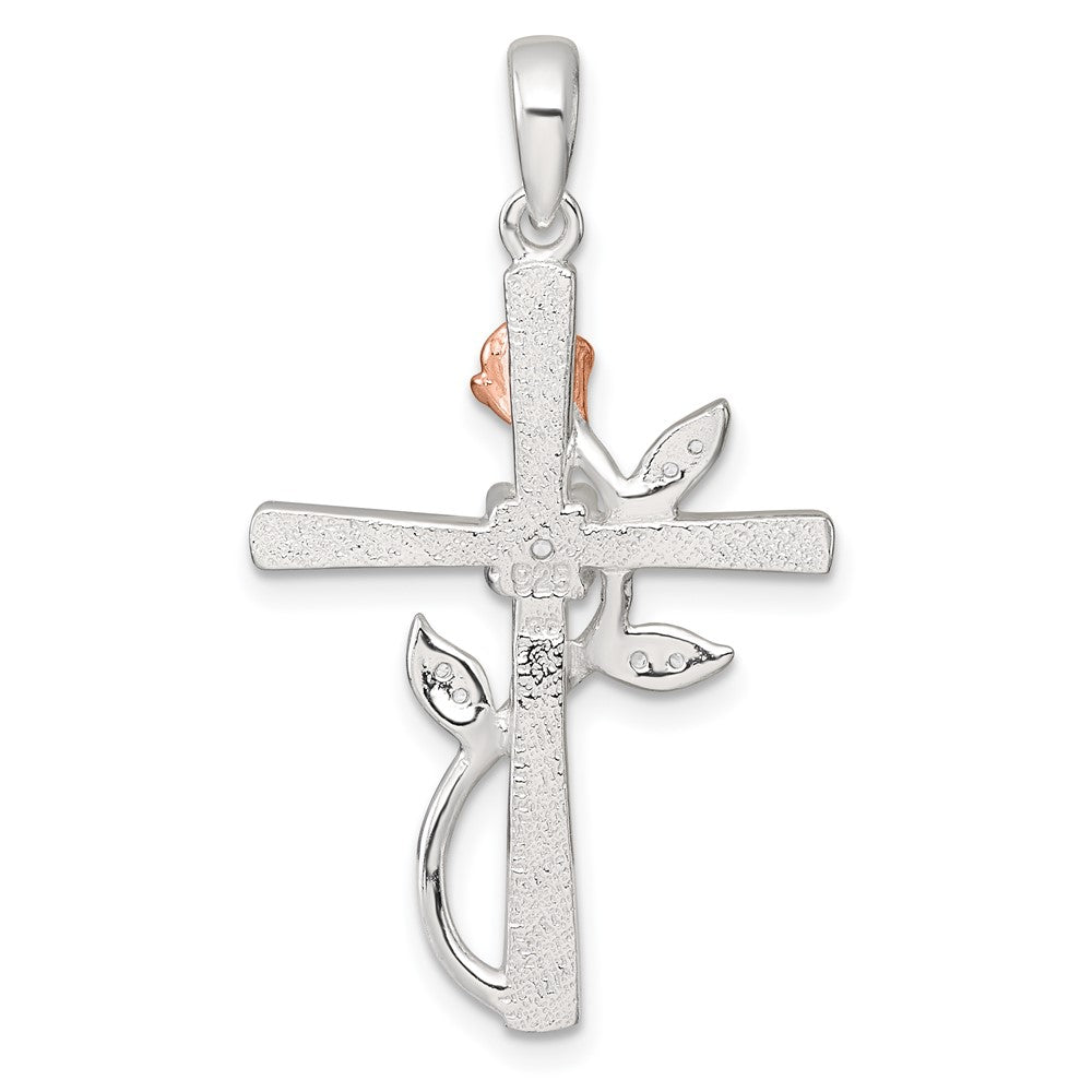 Sterling Silver Rose Gold-plated CZ Cross with Rose Pendant