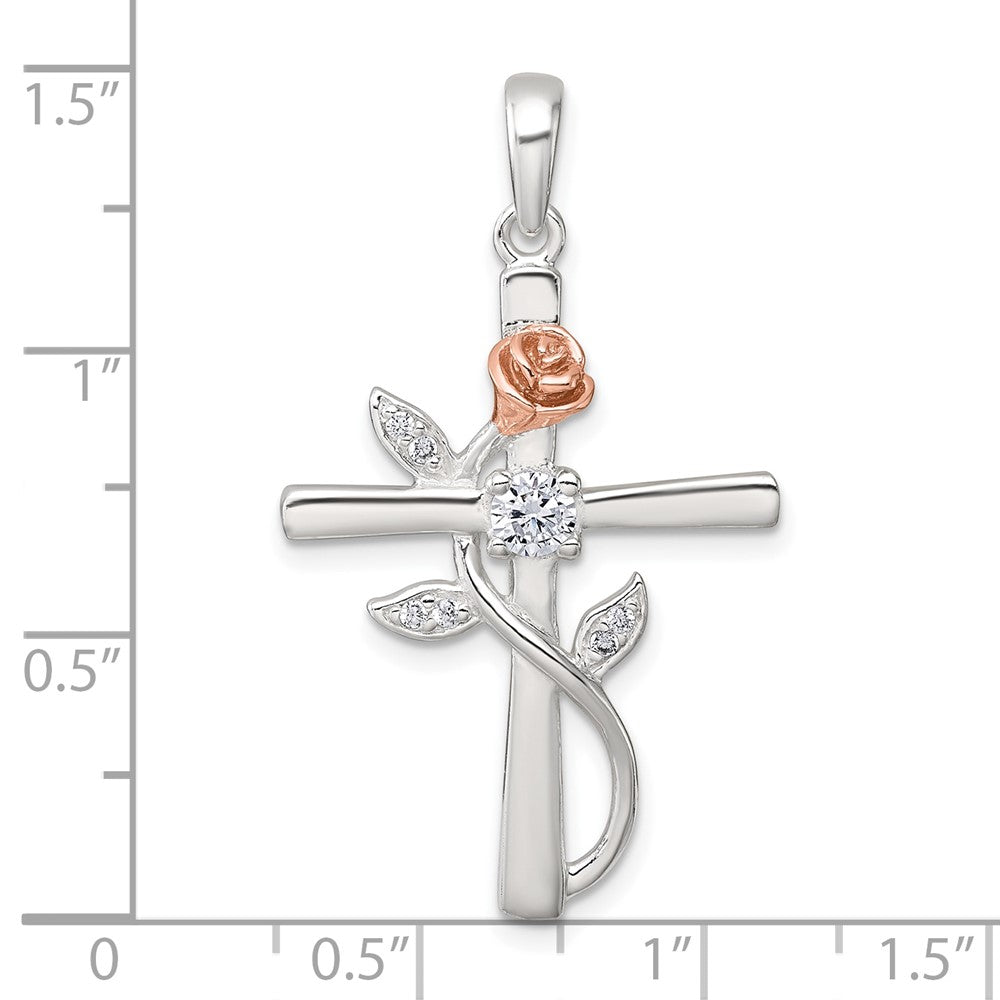 Sterling Silver Rose Gold-plated CZ Cross with Rose Pendant
