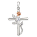 Sterling Silver Rose Gold-plated CZ Cross with Rose Pendant