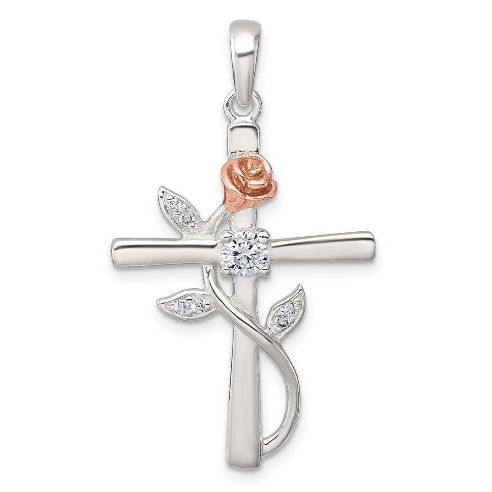 Sterling Silver Rose Gold-plated CZ Cross with Rose Pendant