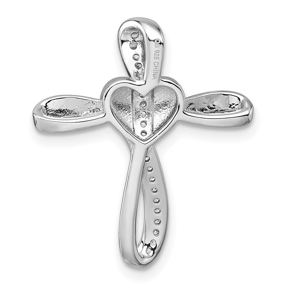 Sterling Silver Rhodium-plat Polished CZ Heart Cross Chain Slide Pendant