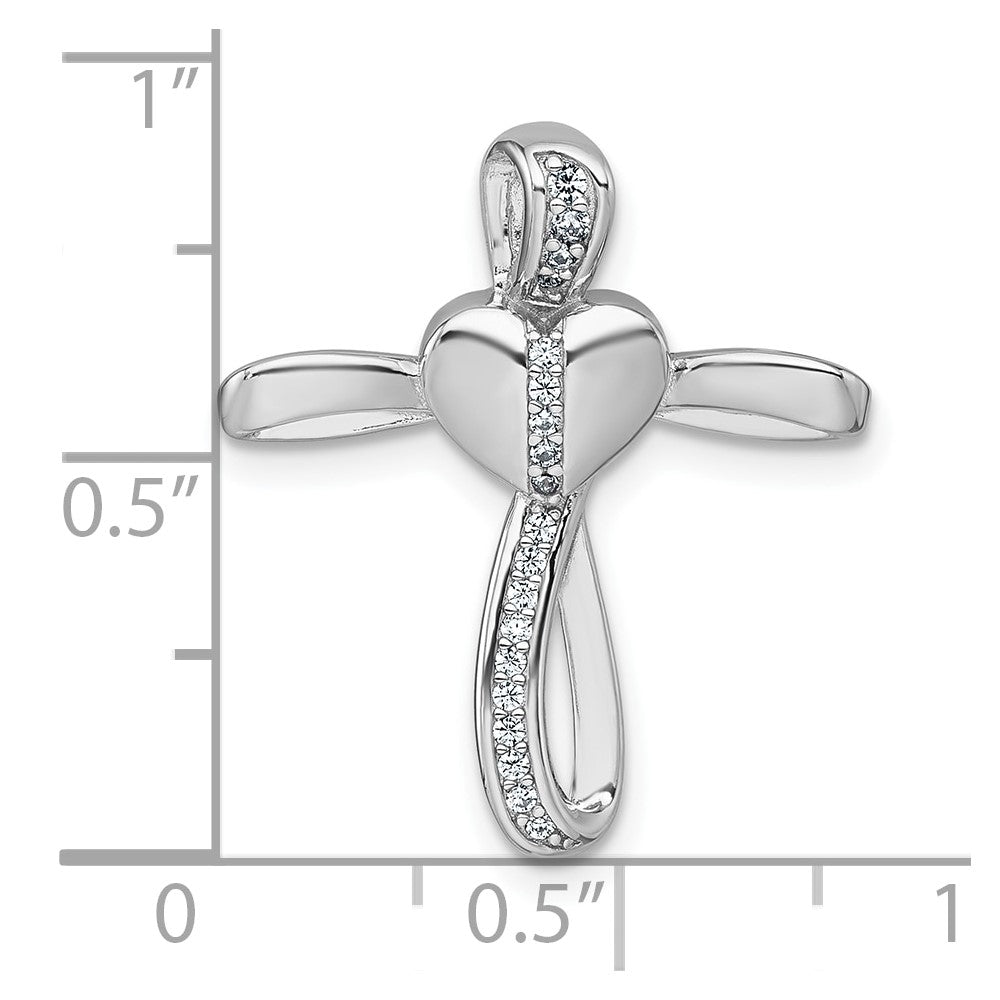 Sterling Silver Rhodium-plat Polished CZ Heart Cross Chain Slide Pendant